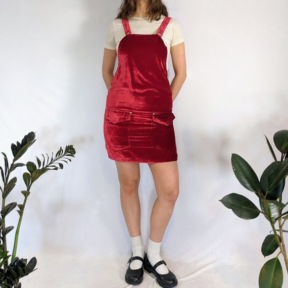 Vintage Red Velvet Pinafore Dress 1990s - image 1