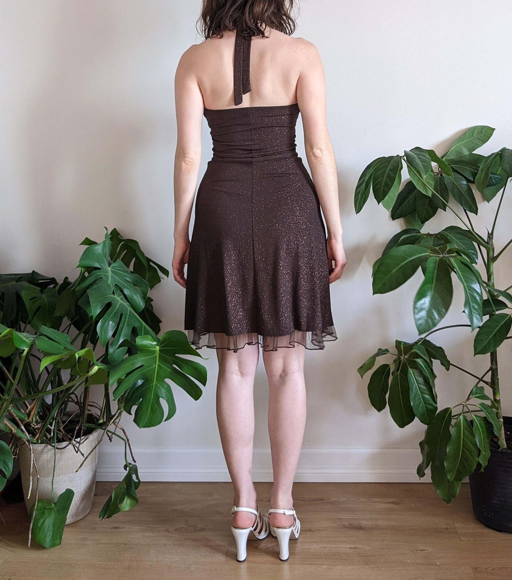 Vintage Sparkly Brown Halter Mini Dress 