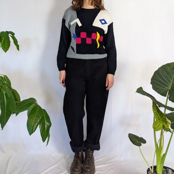 Vintage Geometric Knit Crewneck Sweater 1980s Sun… - image 1