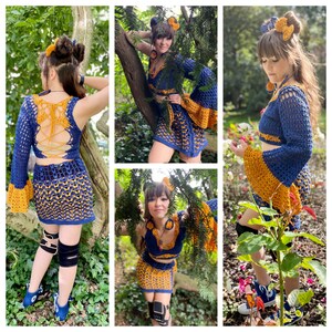 May include: A three-piece crochet outfit in blue and yellow. The outfit includes a crop top, a skirt, and a matching pair of bell sleeves. The outfit is shown on three different models in a variety of poses.