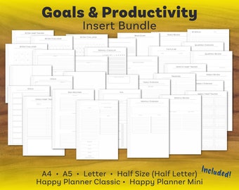 Op de afbeelding: Een verzameling printbare planner-inlays voor het stellen van doelen en productiviteit. De inlays bevatten pagina's voor dagelijkse, wekelijkse, maandelijkse en jaarlijkse planning, evenals gewoontetrackers, braindumps en meer. De inlays zijn ontworpen voor gebruik met Happy Planner Classic en Happy Planner Mini.
