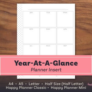 Year At A Glance Insert, Yearly Planner, Year At A Glance Printable, Happy Planner Printable, Happy Planner Mini, A5, Letter, A4, Half Size
