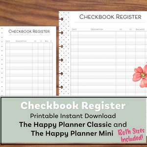 May include: Two checkbook register printables, one large and one small, with the text "CHECKBOOK REGISTER" at the top. The larger register has a floral design in the corner. The text "Checkbook Register Printable Instant Download" is also visible.