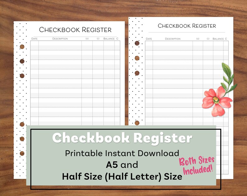 Checkbook Register Printable For A5 Half Size Paper Expense Etsy