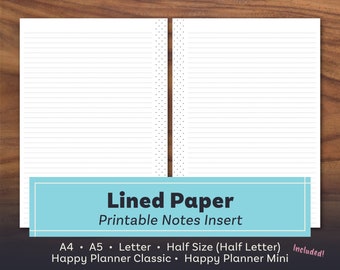 Lined Paper, Lined Paper Printable, Note Paper, Happy Planner Paper, A5 Notes Insert, Happy Planner Mini, Half Letter Notes, Letter