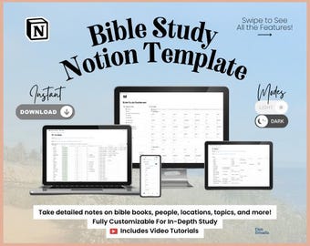 May include: A digital screen displaying a Notion template for Bible study. The template includes a table with columns for Bible books, chapters, verses, and notes. The screen is on a laptop computer with a light blue background. The text "Bible Study Notion Template" is in large, bold, black letters at the top of the image. The text "Instant Download" is in smaller, black letters below the template. The text "Modes" is in black letters at the top right of the image. The text "Light" and "Dark" are in black letters below the word "Modes".