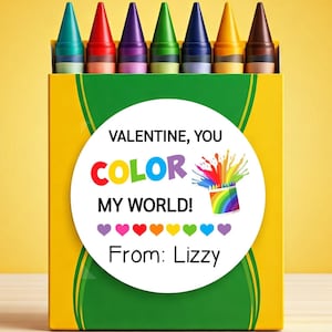 Classroom Valentine Stickers, Crayon Valentine Stickers, Color Valentine Labels, Kids Valentine Stickers, Non Candy Valentines, Rainbow