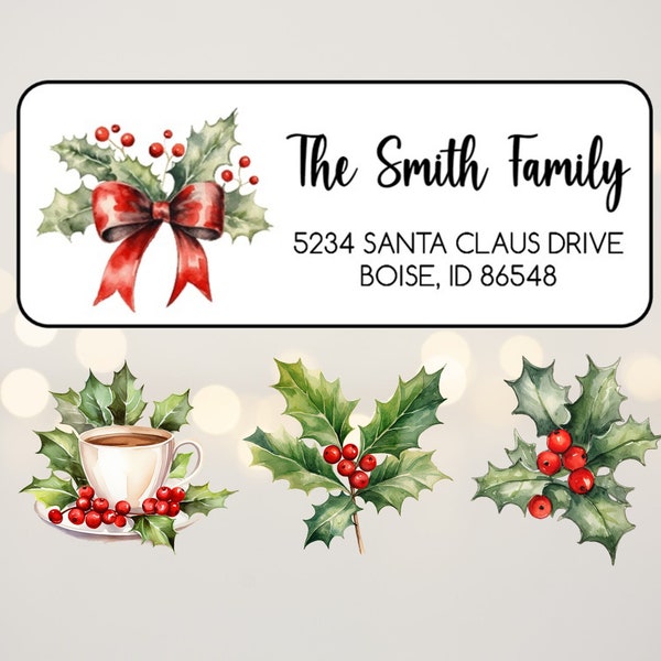 Christmas Address Labels Stickers, Holly Berries Christmas Address Labels, Return Address Labels