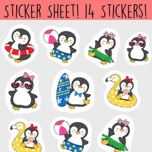 Summer Penguin Sticker Sheets, 14 pegatinas Kiss Cut