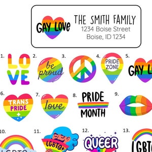 May include: A rectangular address label featuring a rainbow heart and the text THE SMITH FAMILY 1234 Boise Street Boise, ID 1234. Below are thirteen numbered icons including rainbow hearts, peace signs, lips, and text like PRIDE MONTH and LGBTQ+.