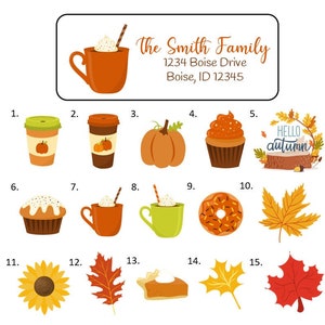 May include: A rectangular address label featuring an orange mug with whipped cream and the text The Smith Family 1234 Boise Drive Boise, ID 12345. Below are 15 numbered autumn-themed icons including coffee cups, pumpkins, cupcakes, donuts, and various fall leaves.
