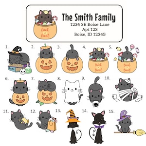 Halloween Black Cat Kitten Address Labels Stickers, 30 personalized labels!