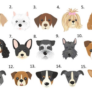 May include: A grid of fifteen numbered illustrations featuring various dog breeds. Each graphic displays a stylised canine head with distinct facial features, ear shapes, and colour patterns, ranging from light tan and white to dark brown and black.
