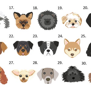 May include: A collection of fifteen stylised dog head illustrations arranged in a grid, numbered 16 through 30. Each icon features a distinct canine breed with unique fur colours, patterns, and facial expressions, rendered in a flat graphic design style.