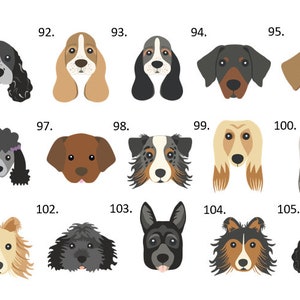 May include: A grid of fifteen stylised dog breed illustrations, numbered 91 through 105. Each icon features a distinct canine face with varied fur colours, patterns, and ear shapes, presented in a flat, graphic design style on a plain white background.