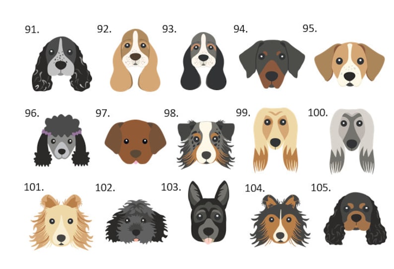 May include: A grid of fifteen stylised dog breed illustrations, numbered 91 through 105. Each icon features a distinct canine face with varied fur colours, patterns, and ear shapes, presented in a flat, graphic design style on a plain white background.