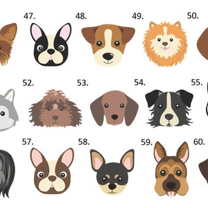 May include: A grid of fifteen stylised dog head illustrations labelled 46 through 60. The collection features various breeds including a Yorkshire Terrier, French Bulldog, Jack Russell, Pomeranian, Beagle, Husky, Poodle, Dachshund, and German Shepherd.