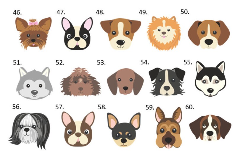 May include: A grid of fifteen stylised dog head illustrations labelled 46 through 60. The collection features various breeds including a Yorkshire Terrier, French Bulldog, Jack Russell, Pomeranian, Beagle, Husky, Poodle, Dachshund, and German Shepherd.