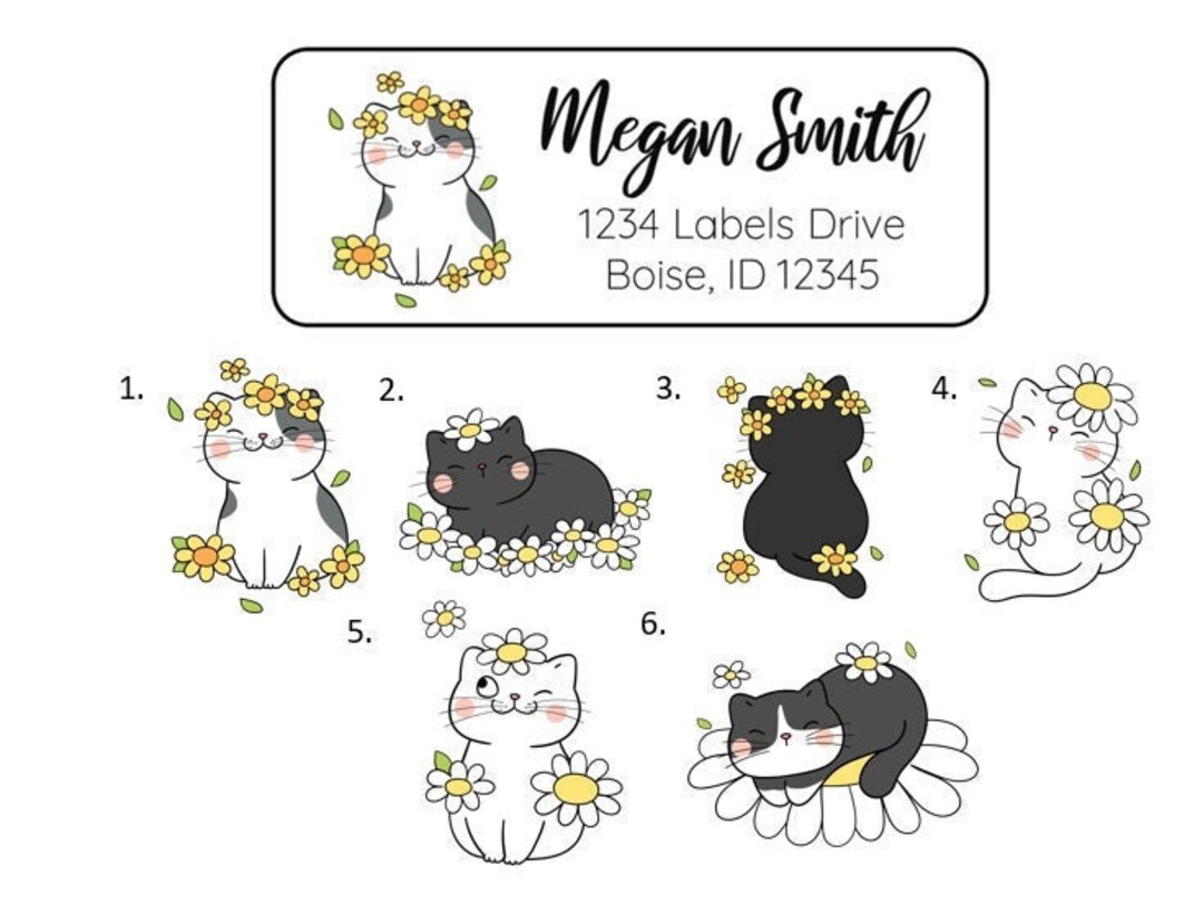 Spring Cat Address Labels Stickers, 30 Personalized Flower Cat Labels ...