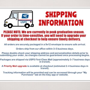 May include: A white rectangular sign featuring a graphic of a white USPS mail truck with blue and red accents. The text reads SHIPPING INFORMATION, followed by a notice regarding peak graduation season and instructions for order processing.