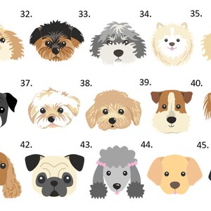 May include: A grid of fifteen stylised dog head illustrations, numbered 31 through 45. Each icon features a different dog breed with distinct fur colours, ear shapes, and facial expressions, rendered in a flat, clean graphic design style.