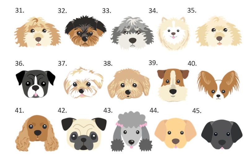 May include: A grid of fifteen stylised dog head illustrations, numbered 31 through 45. Each icon features a different dog breed with distinct fur colours, ear shapes, and facial expressions, rendered in a flat, clean graphic design style.