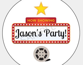 Movie Night Stickers, Movie Birthday Party Stickers, Movie Night Treat Bag Stickers
