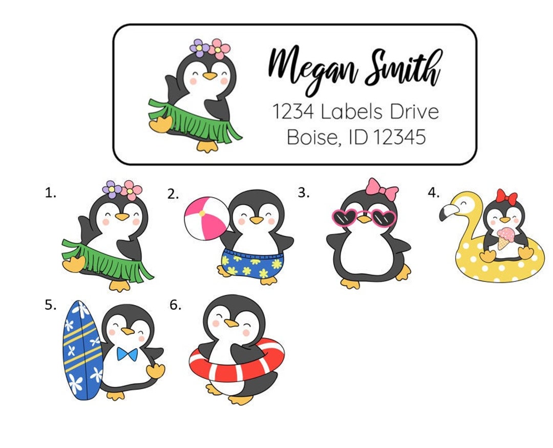 Summer Penguin Address Labels Stickers, 30 Personalized Summer Address ...