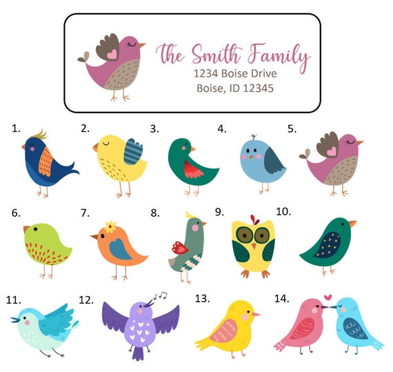 30 Custom Cute Birds on a Stump Personalized Address Labels