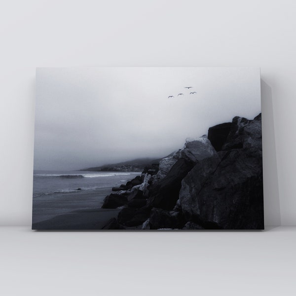 Malibu, Californië, Zuma Beach, zwart en wit, stranddecor, fotografie, Los Angeles, afdrukbare muurkunst, downloaden