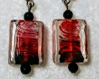 Gothic Red and black swirl flat glass earrings with black glass bead accents new trendy colors fashions lightweight dark beautiful fun swirl