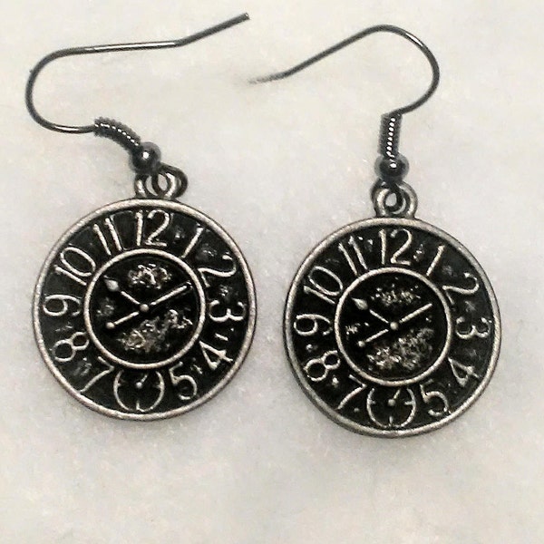 Clock face Dark Antique silver colored charm earrings time watches clocks birthdays costumes unisex gifts odd unusual weird Cosplay comicons