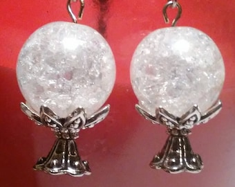 Crystal Ball Earrings, Silver Plated Bead Cap Stand, Fortune Teller