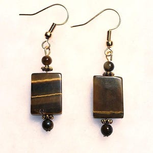 Tiger's Eye Stone Drop Earrings, Elegant Rectangular Semiprecious Jewelry