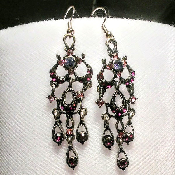 Gothic Victorian Renaissance Beautiful long purple glass and metal charms earrings elegant classy dressy dark Cosplay Con fairs conventions