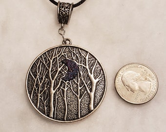 Pewter Forest Pendant Necklace: Purple Glitter Moon, Nature Landscape