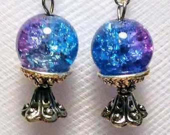 Blue and purple crackle glass bead crystal ball on a silver plated stand earrings hot sellers new trends fashions gifts beautiful fun moms