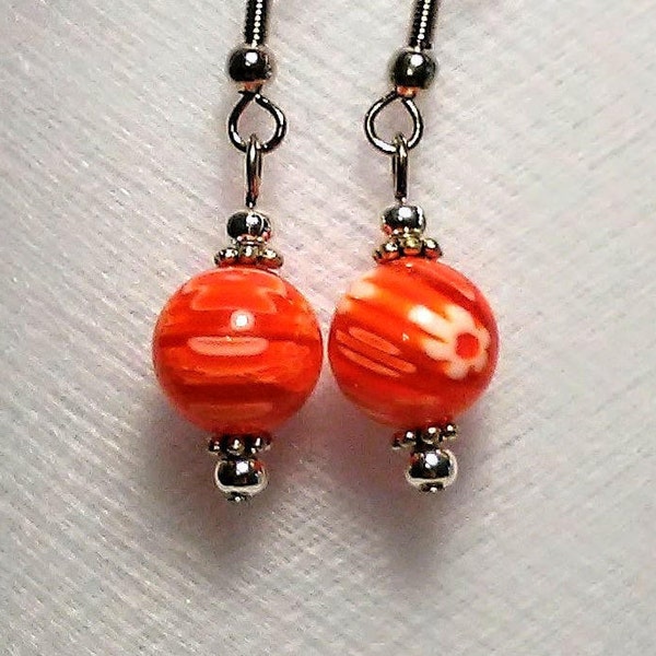 Orange and white millefiori glass beads silver plated spacers earrings short small cute fun flirty trendy casual formal light random swirls