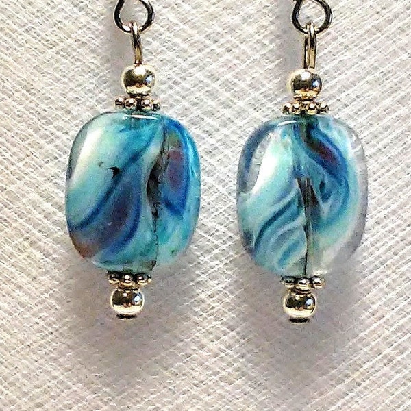 Light and dark Blue and white swirl flat glass lentil bead earrings with silver plated spacers and beads new trending colors chic fashions