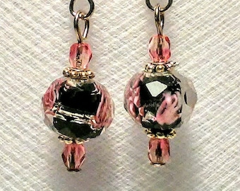 Pink Flower Rondelle Earrings, Black and Silver Accents