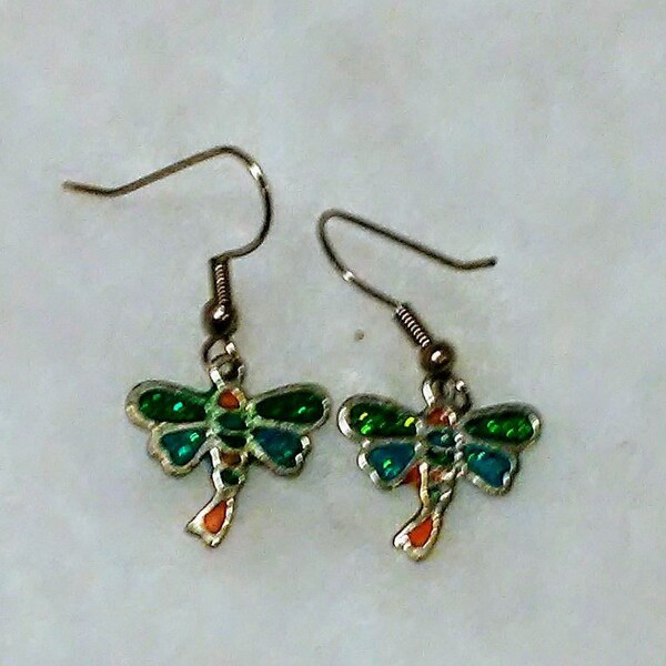 Dragonfly Enamel blue green and orange small metal charm earrings short little lightweight bugs insects outdoors outside spring summer moms