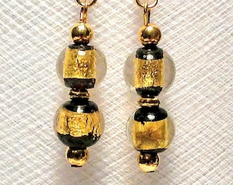 New Orleans Saints NFL team colored black and gold foil glass bead earrings