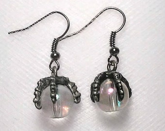 Dragon Claw Earrings, Antique Silver, Crystal Ball with AB Shine
