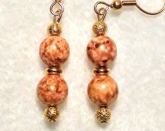 Swirled Brown Glass Bead Earrings, Gold Accents