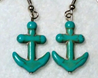 Anchor Turquoise Howlite stone bead earrings sea ocean protection talisman beach sun sailors captains deck mates ships boats natural moms