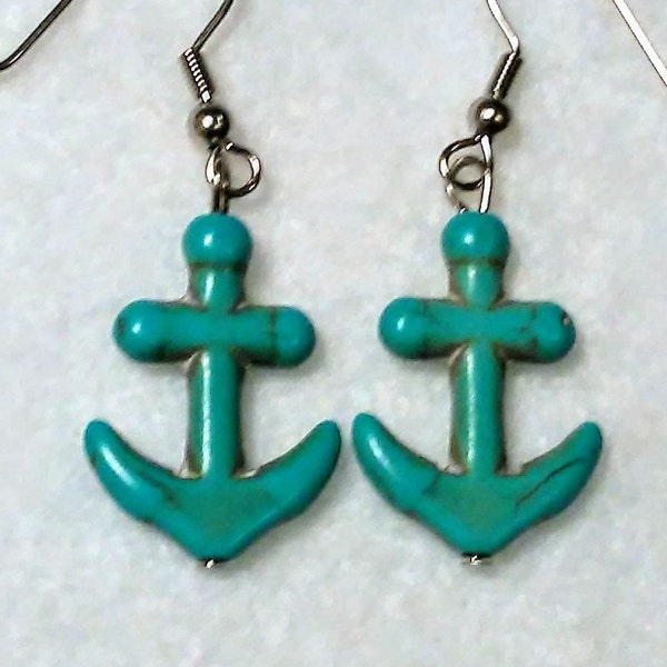 Anchor Turquoise Howlite stone bead earrings sea ocean protection talisman beach sun sailors captains deck mates ships boats natural moms