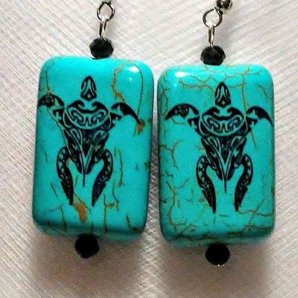Tribal turtle print large turquoise Howlite stone bead earrings with glass bead accents flat double sided nautical ocean beach sea creatures