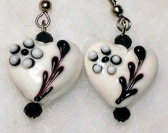 White and black puffed lampwork hearts with black design earrings beautiful trending colors fashion moms love costumes mothers day presents