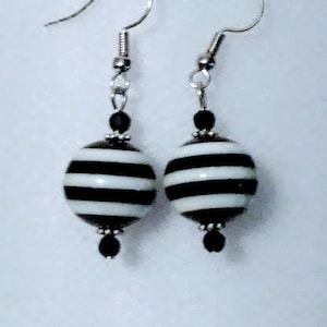 New trendy Black and white striped earrings with glass bead accents and silver plated accents lightweight holiday gifts mothers day presents