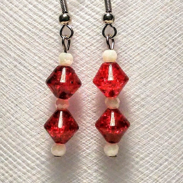 Red white crackle glass bead long dangle Christmas holiday earrings new trends fashions moms lightweight flirty fun unique dressy casual odd